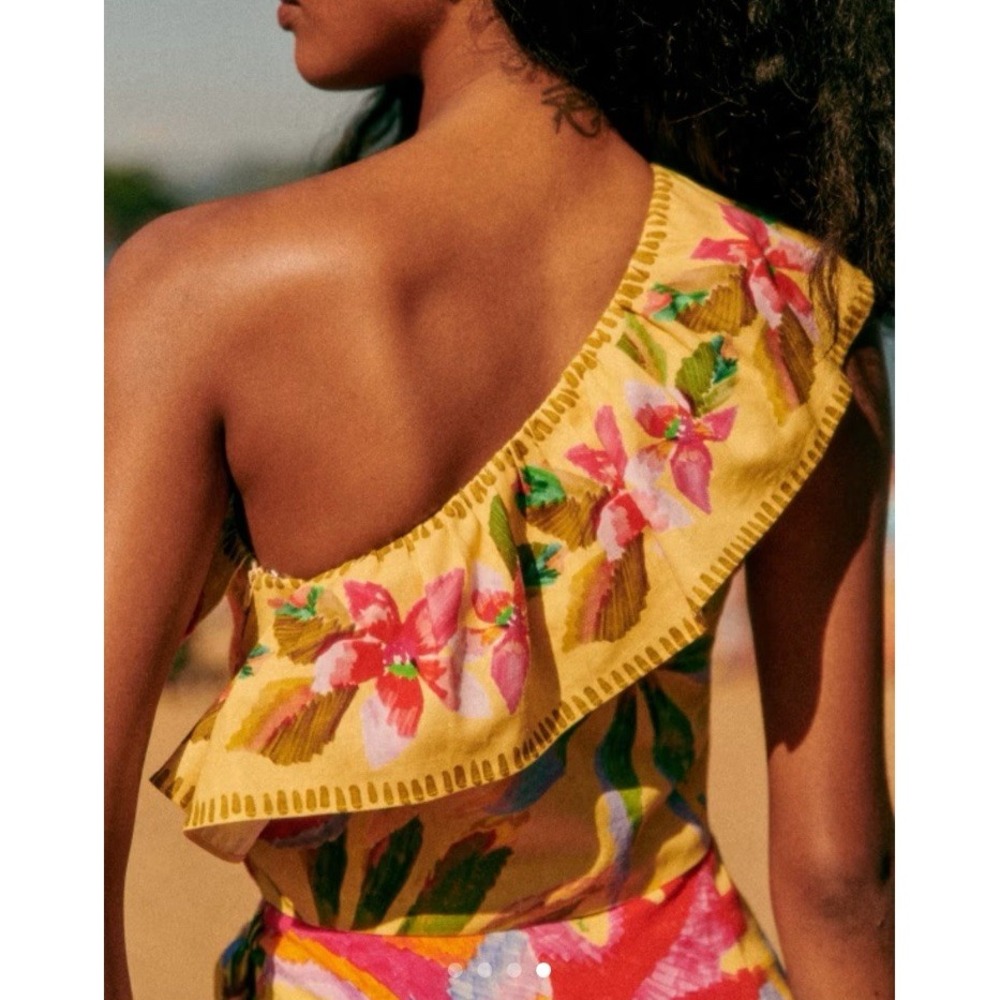 Sezane X Farm Rio Size US 10 Parioca Blouse One Shoulder Floral Crop Tropical